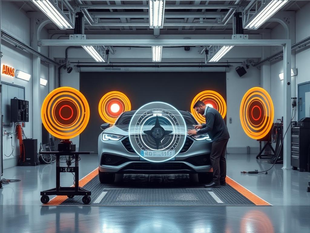 Vehicle in a service bay with ADAS calibration targets and equipment